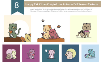 8 Happy Cat Kitten Couple Love Autumn Fall Season Cartoon Illustration