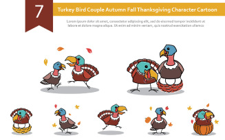 7 Turkey Bird Couple Autumn Fall Thanksgiving Character Cartoon Illustration