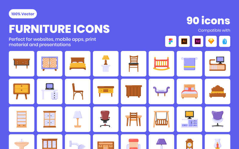 100 Flat Furniture Icons Icon Set