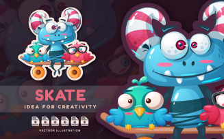 Friends Skateboarding Monster - Cute Sticker, Graphics Illustration