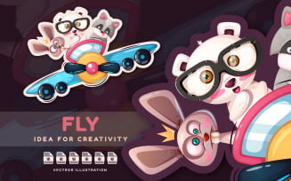 Animal Travel By Plane - Cute Sticker, Graphic Illustration
