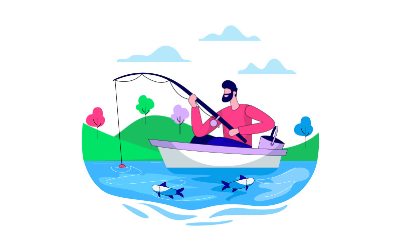 Man Fishing In Lake Flat Illustration Concept