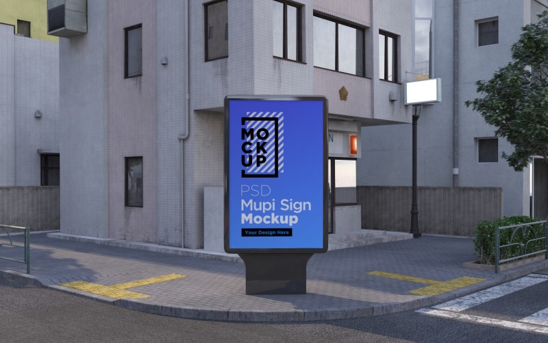 mupi sign lightbox on evening mockup street 3d rendering design Product Mockup