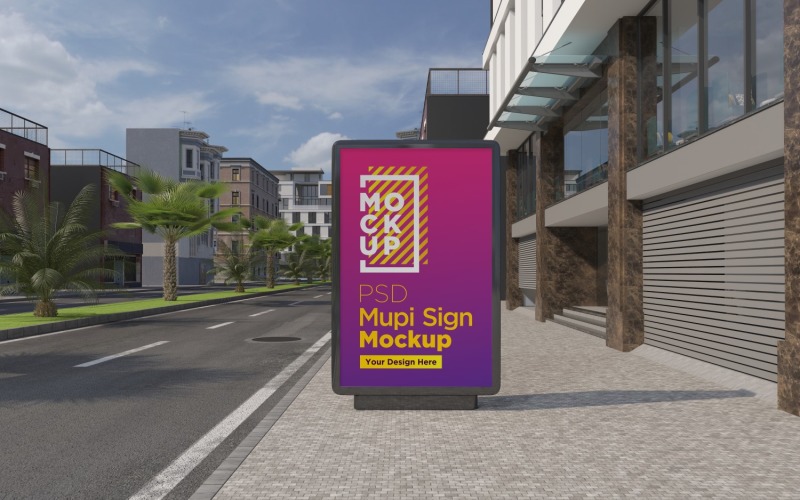 Mupi signage on city street advertising 3d rendering Product Mockup