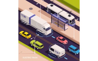 Modern Electric Truck Isometric 4 Vector Illustration Concept