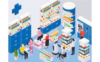 Modern Pharmacy Store Isometric Set 4 Vector Illustration Concept