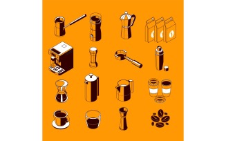 Coffee Isometric Monochrome Set Vector Illustration Concept