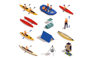 Rafting Canoeing Kayaking Isometric Set Vector Illustration Concept