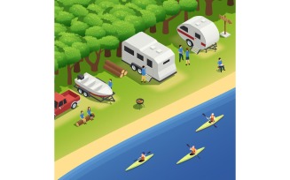 Rafting Canoeing Kayaking Isometric Vector Illustration Concept
