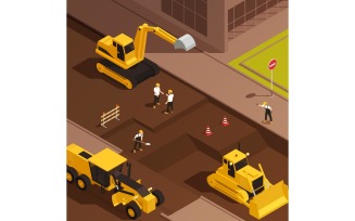 Road Construction Isometric Vector Illustration Concept