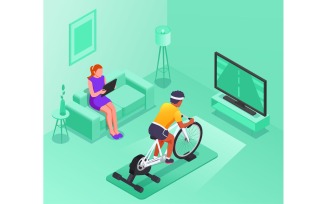 Online Fitness Workout Yoga At Home Isometric 3 Vector Illustration Concept
