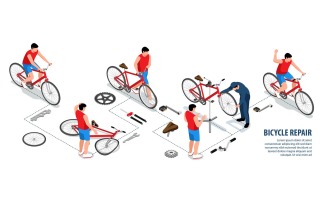 Isometric Bicycle Repair Infographics Vector Illustration Concept