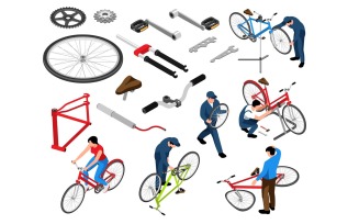 Isometric Bicycle Repair Set Vector Illustration Concept