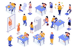 Isometric Gluttony Eating Disorder Set Vector Illustration Concept