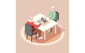 Elderly Old People Playing Chess Isometric Vector Illustration Concept