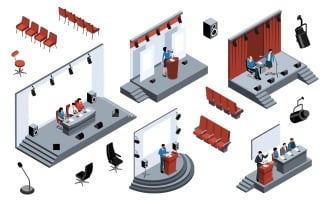 Isometric Conference Hall Color Set Vector Illustration Concept