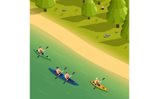 Rafting Canoeing Kayaking Isometric 6 Vector Illustration Concept