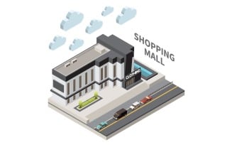 Shopping Mall Supermarket Buildings Isometric Vector Illustration Concept