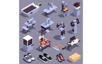 Footwear Factory Shoes Production Isometric Set Vector Illustration Concept