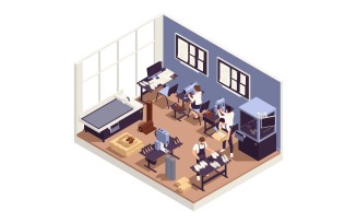 Footwear Factory Shoes Production Isometric Vector Illustration Concept