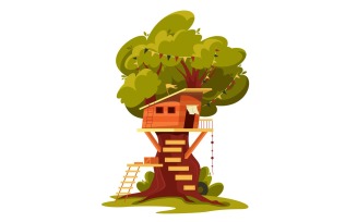 Children Tree Wood House White Background Vector Illustration Concept