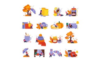 Cozy Fall Flat Icons Vector Illustration Concept