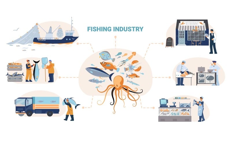 Fish Seafood Flowchart Flat Vector Illustration Concept