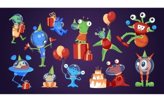 Cute Funny Birthday Aliens Set Vector Illustration Concept
