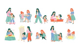 Mother And Daughter Color Set Vector Illustration Concept