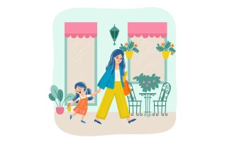 Mother And Daughter Shopping Vector Illustration Concept