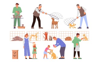 Shelter Animals Set Flat Vector Illustration Concept