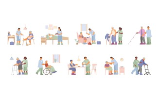 Elderly Care Home Nurse Caregiver Set Flat Vector Illustration Concept