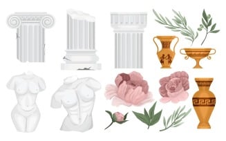 Antique Greek Columns Flowers Set Vector Illustration Concept