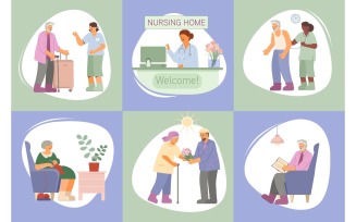 Nursing Home Elderly Composition Set Flat 2 Vector Illustration Concept