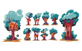 Children Tree Wood House Color Set Vector Illustration Concept