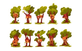 Children Tree Wood Houses Set Vector Illustration Concept