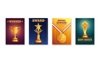 Cups Medals Reward Poster Set Vector Illustration Concept