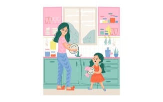 Mother And Daughter Washing Dishes Vector Illustration Concept