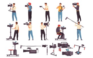 Movie Camera Man Cinema Video Set Flat Vector Illustration Concept