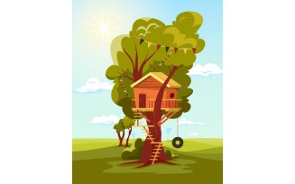 Children Tree Wood House Illustration Vector Illustration Concept