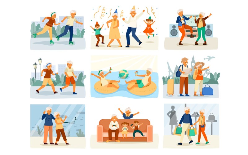 Elderly People Happy Life Cartoon Set Vector Illustration Concept