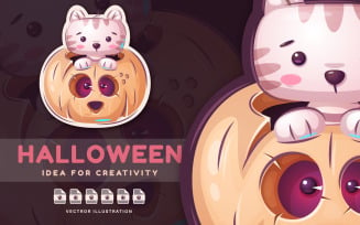 Pretty Cat in Pumpkin - Cute Sticker, Graphics Illustration