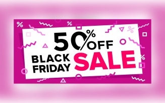 Black Friday Sale Banner With 50% Off Discount On Purple Color Background Design
