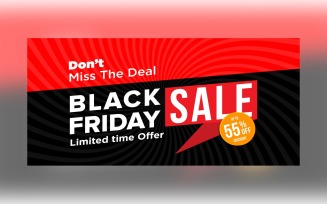 Black Friday Sale Banner With Don’t Miss The Deal Up to 55 % Off Discount On Black And Red Design