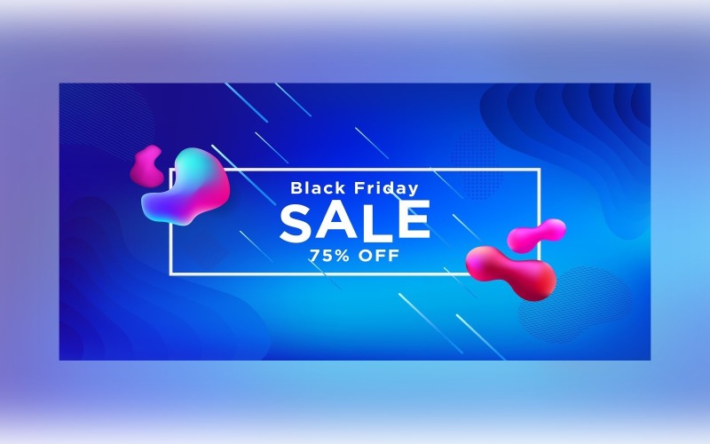 Fluid Black Friday Sale Banner with 75% Off On Blue Color Background Design Product Mockup