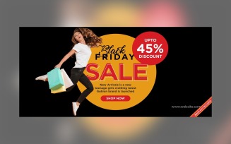 Fluid Black Friday Sale Banner with 45% Off On Black And yellow Background Design