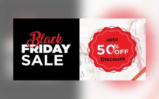 Fluid Black Friday Sale Banner with 50% Off On Black And Whit Background Design Template