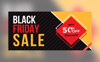 Fluid Black Friday Sale Banner with 50% Off On Black And Yellow Background Design Template