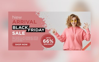 Fluid Black Friday Sale Banner with 66% Off On Grey And Pink Background Design