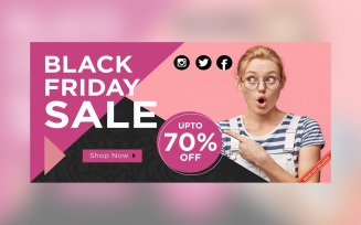 Fluid Black Friday Sale Banner with 70% Off On Black And Purple And Pink Background Design